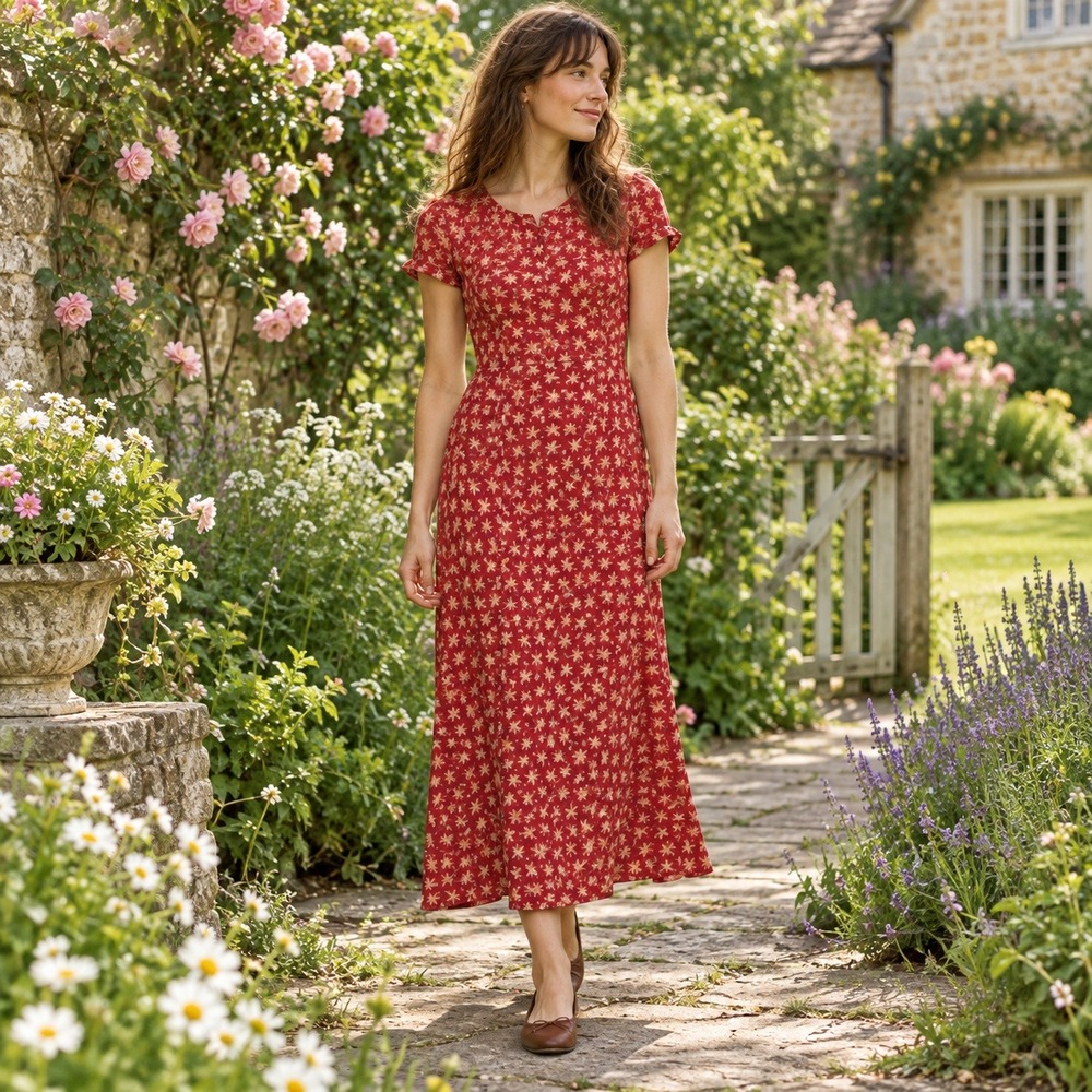 Laura Ashley Floral Midi Dress Womens 10 Red Cottagecore Vintage Style